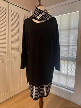 Black Long Sleeve Shift Dress with White Plaid Hem and scarf